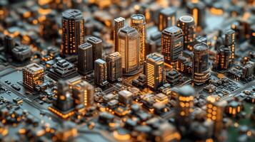 3d cityscape with skyscrapers and lights photo