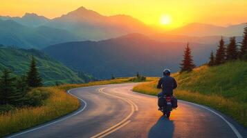 A person riding a motorcycle on a winding road photo