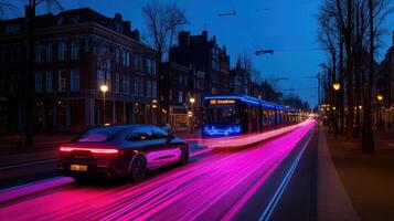 A car driving down a street with a purple light trail photo