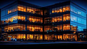 A large building with many windows lit up at night photo