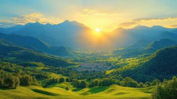 A beautiful view of a valley with mountains in the background photo