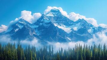 Mountain landscape with trees and clouds photo