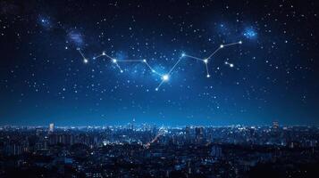 The zodiac sign of scorpio is shown over a city photo