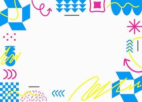Memphis-era 80s and 90s style background with a white background and blue, yellow, and pink elements. vector