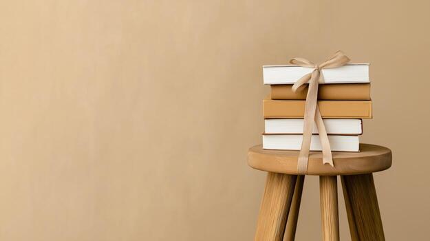 Stack of Books Tied with Ribbon Placed on Rustic Wooden Stool Against Neutral Beige Background photo