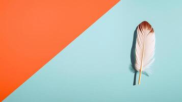 Minimalist composition of a delicate feather on a dual-tone orange and blue background with soft shadows photo