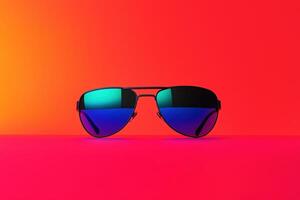 Stylish Aviator Sunglasses with Reflective Blue Lenses on Vibrant Red and Orange Background photo