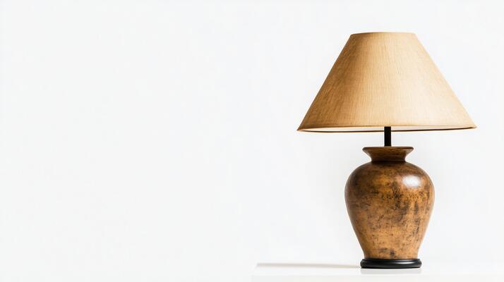 Elegant vintage wooden table lamp with beige fabric shade on white background