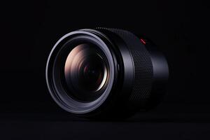 Close-Up of Professional Camera Lens with Detailed Optics on Dark Background photo