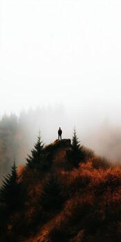 Lone figure standing on a misty hilltop surrounded by autumn trees and fog for tranquil landscape mobile wallpaper photo