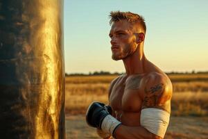 Focused Male Boxer Training at Sunset in Open Field photo