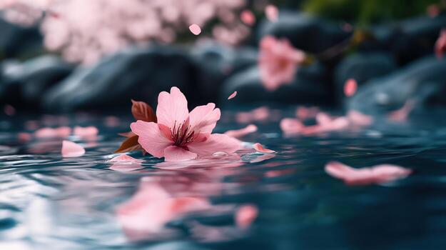 Delicate Cherry Blossom Floating on Water with Soft Petals in a Serene Nature Setting photo