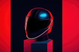 Futuristic black helmet with red and blue neon lighting photo