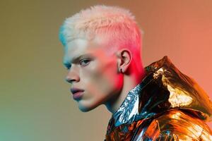 High-fashion albino male model wearing a metallic jacket under dramatic neon lighting photo