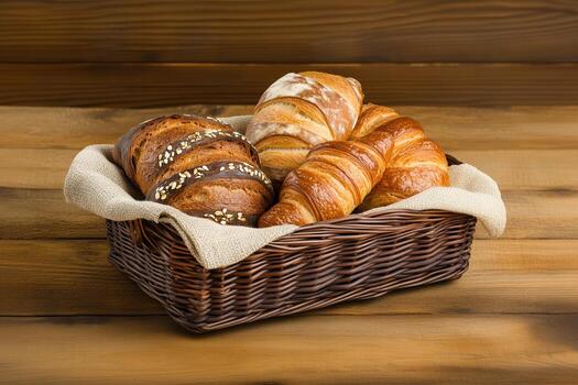 Freshly baked assorted artisan bread and croissants in a woven basket lined with burlap on a wooden table photo