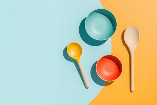 plano laico de moderno vistoso cocina utensilios y bochas en un vibrante tono dividido antecedentes con suave oscuridad foto