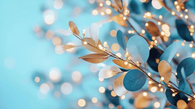 Elegant Blue and Gold Decorative Leaves with Warm Bokeh Lights on Soft Background photo