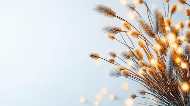 Dried Grass with Warm Bokeh Lights on Soft Blue Background for Minimalist Decor photo