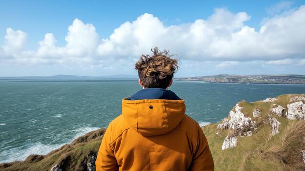 Solo Traveler in Yellow Jacket Standing on a Cliffside Overlooking the Ocean with a Scenic Coastal View photo