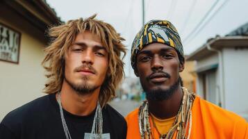 Close-up portrait of two stylish friends with unique fashion and accessories in an urban street setting photo