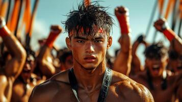 Intense warrior athlete with a determined expression, sweat-covered skin, and a cheering battle-ready crowd photo