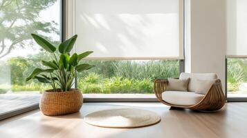 Stylish modern boho living space with a woven armchair, large potted plant, and natural light from a floor-to-ceiling window photo