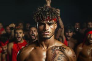 Intense athletic male with a determined gaze, red headband, and cheering crowd in the background photo