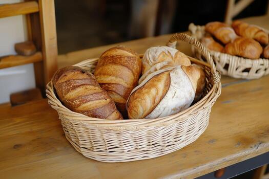Assorted artisan bread loaves in a woven basket on a rustic wooden table at a bakery photo