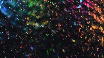 Vibrant abstract bokeh lights with multicolored glowing particles on a dark background photo
