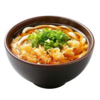 Close-up of Japanese Udon Soup with Crispy Tempura and Green Onion Toppings in a Dark Ceramic Bowl png