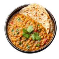 Warm and Flavorful Indian Dal Tadka with Golden Lentils, Spices, and Roti Isolated on Transparent Background png
