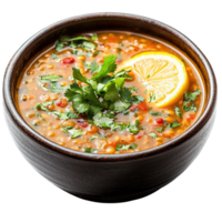 Delicious and Nutritious Middle Eastern Lentil Soup with Spices, Chopped Cilantro, and Lemon png
