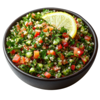 Authentic Lebanese Tabbouleh Salad with Fresh Parsley, Bulgur, Tomatoes, and Lemon Isolated on Transparent Background png