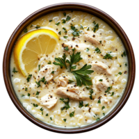 Rich and Creamy Lemon Chicken Soup with Rice Isolated on Transparent Background png