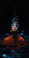 Meditative man submerged in water wearing orange robe with rising bubbles in dark ambiance photo