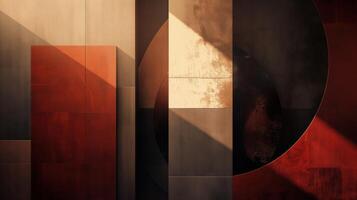 Geometric abstract artwork with bold red, beige, and black shapes and textured surfaces photo