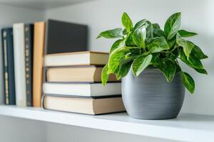 Stack of books with a green indoor plant in a modern pot on a white shelf photo