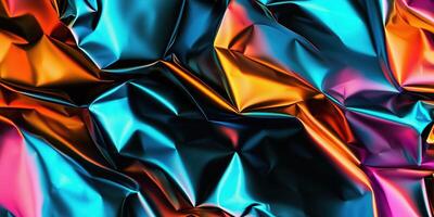 Iridescent metallic wrinkles with vibrant reflections in abstract background photo