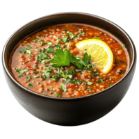 Authentic Middle Eastern Lentil Soup with Aromatic Spices, Fresh Parsley, and a Wedge of Lemon png
