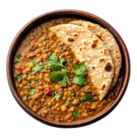 Rustic Indian Lentil Curry with Fresh Herbs and Soft Flatbread Isolated on Transparent Background png