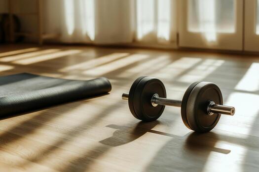 Home gym setup with a dumbbell and rolled-up exercise mat in sunlight on a wooden floor photo