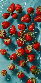 Fresh Red Strawberries Floating on Clear Blue Water with Sparkling Drops Vibrant and Refreshing Design Ideal for Mobile Wallpapers photo