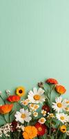 Cheerful floral arrangement with colorful daisies and poppies on a soft green background wallpaper photo