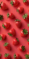 Vibrant Strawberry Pattern on Bold Red Background with Fresh Glossy Fruits Digital Artwork Perfect for Mobile Wallpapers photo