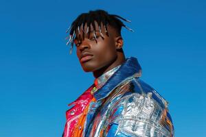 Portrait of a stylish black american man wearing a metallic futuristic jacket against a clear blue sky background photo