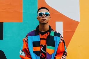 Portrait of a young asian man wearing bold and colorful streetwear with sunglasses in front of a graffiti wall photo