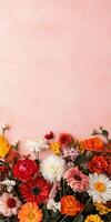 Vibrant floral arrangement with colorful flowers on a soft pink background wallpaper photo