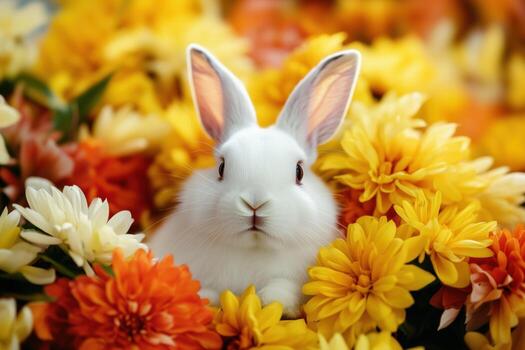 Cute white rabbit surrounded by vibrant yellow and orange flowers in a colorful spring setting photo