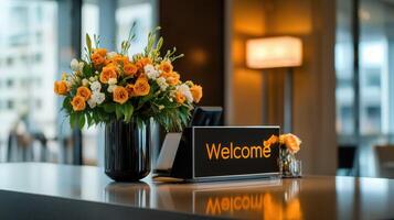 Elegant reception desk with welcome sign and vibrant floral arrangement featuring orange and white roses in a modern black vase photo