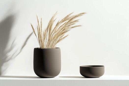 Minimalist arrangement of pampas grass in a modern ceramic vase with a matching bowl on white background photo